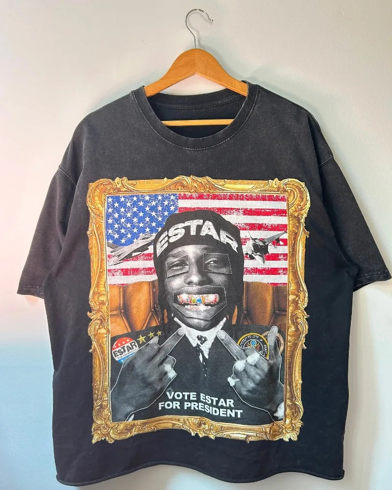 American Style Portrait Print T-Shirt – Men's Oversized Casual Tee