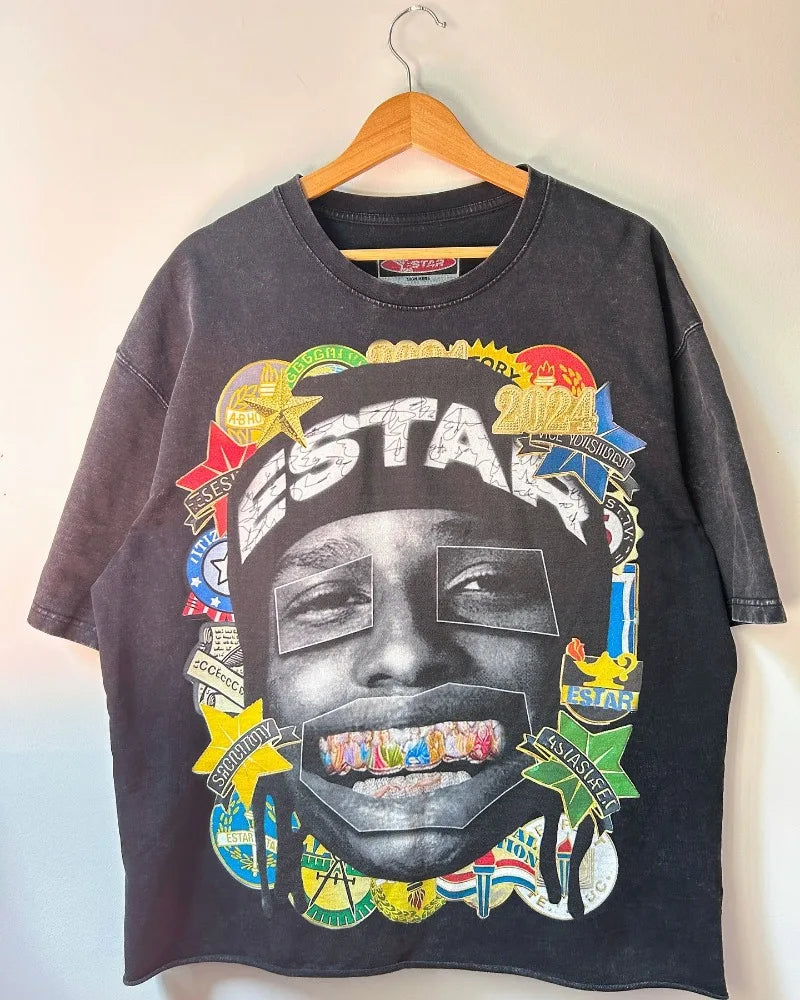 American Style Portrait Print T-Shirt – Men's Oversized Casual Tee