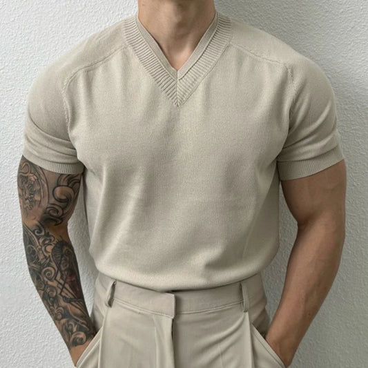 Men's Knit V-Neck T-Shirt – Solid Color Leisure Wear (M-3XL)