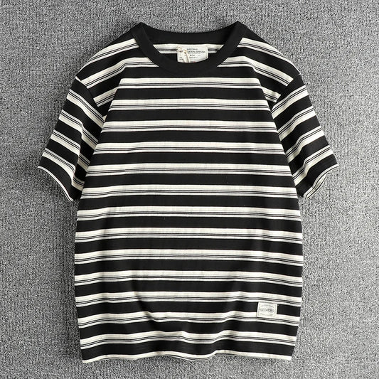 2025 Summer Retro Striped T-Shirt – Men's 100% Cotton O-Neck Tee