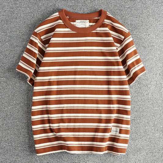 2025 Summer Retro Striped T-Shirt – Men's 100% Cotton O-Neck Tee
