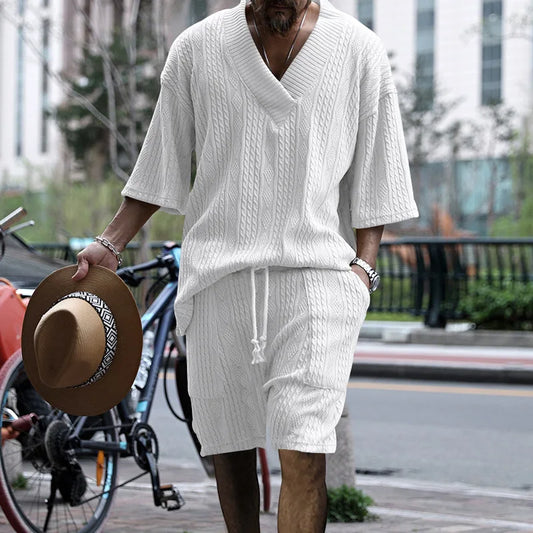Men's Casual Sports Set – Solid Color Loose Short Sleeve & Drawstring Shorts